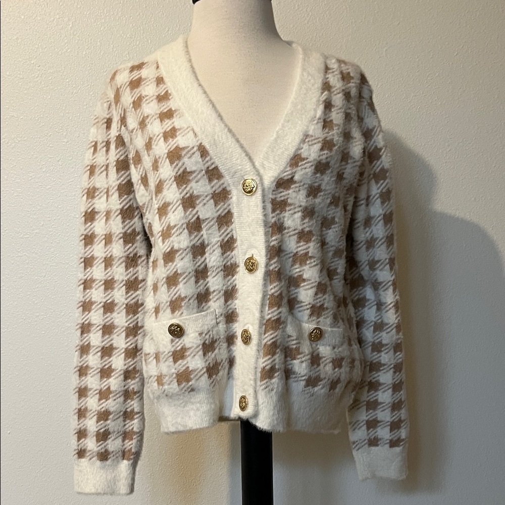 Cyrus Women's Brown and cream Houndstooth Sweater, women’s size S
